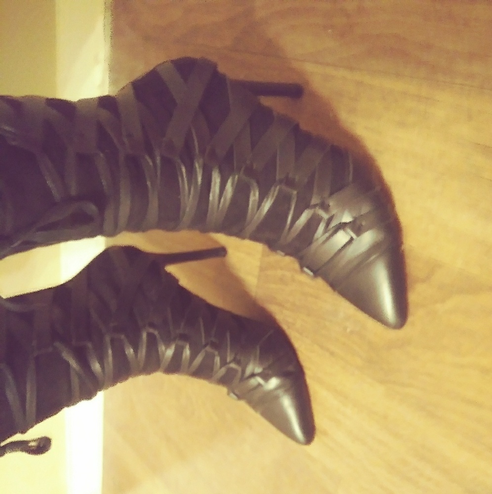 Mid calf black lace heel boots